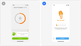 Duolingo A/B test, version A next to version B