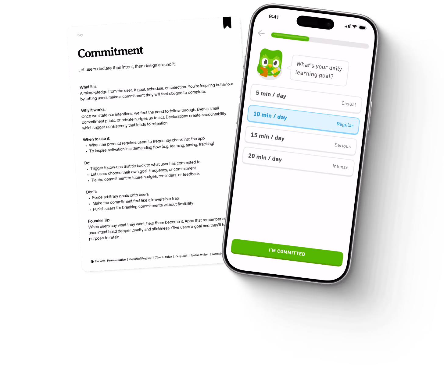 Commitment Card next to the Duolingo screen that uses the tactic