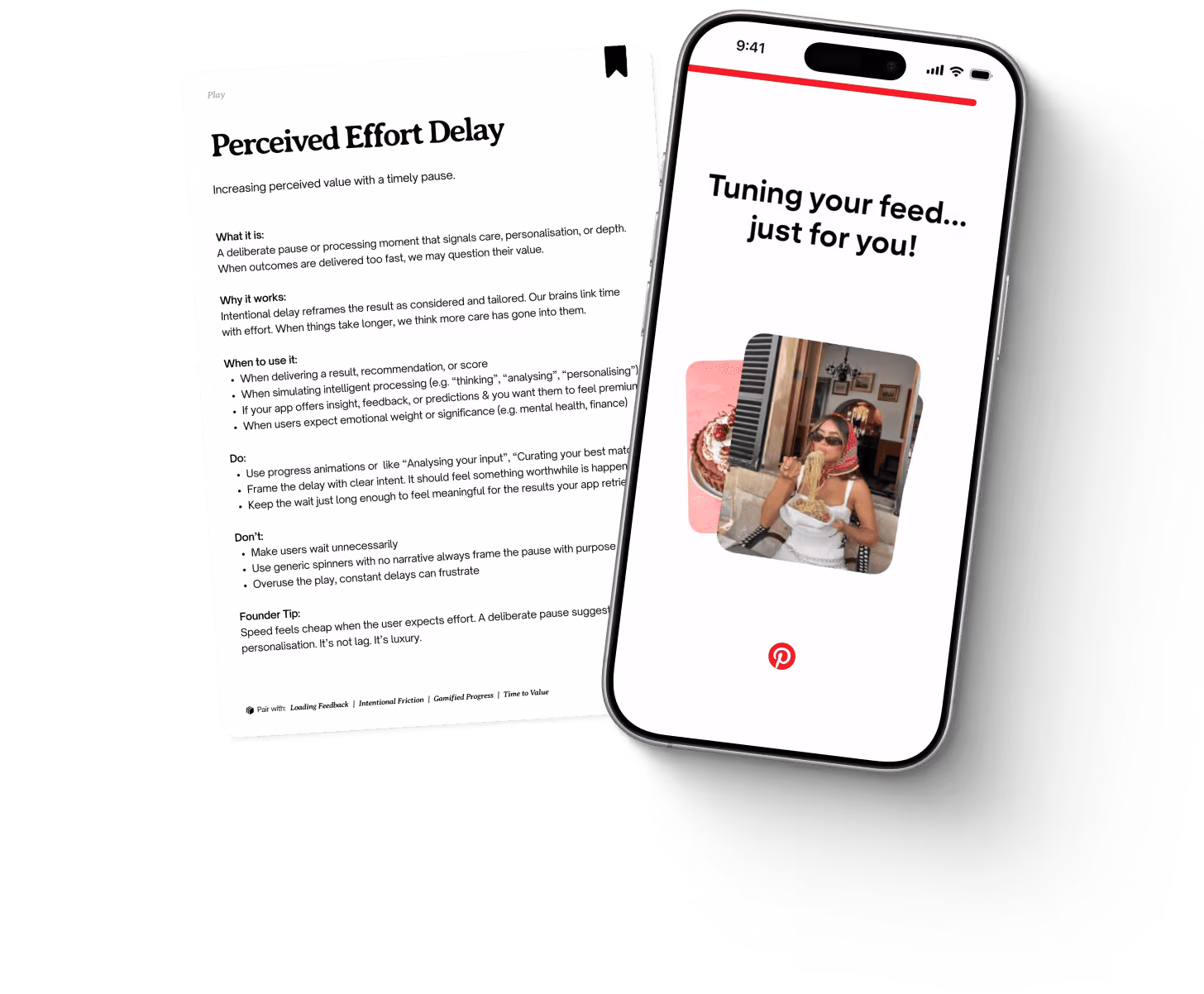 Perceived Effort Delay Card next to the Pinterest screen that uses the tactic