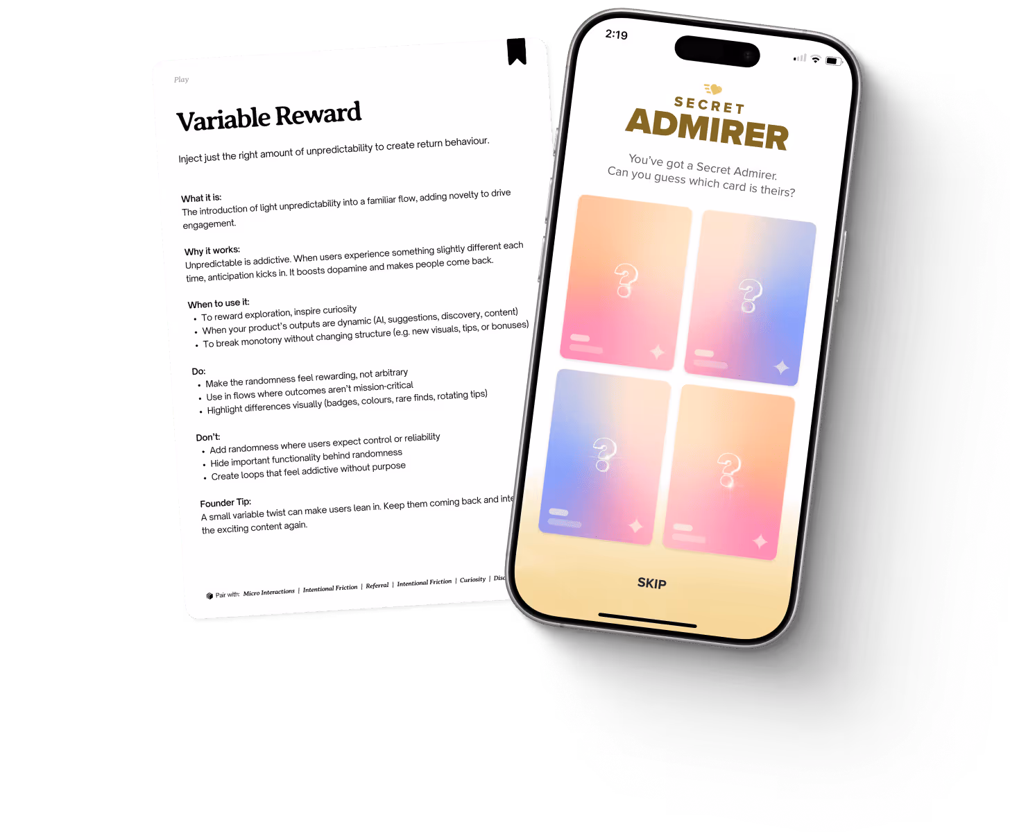 Variable Reward Card next to the Bumble screen that uses the tactic
